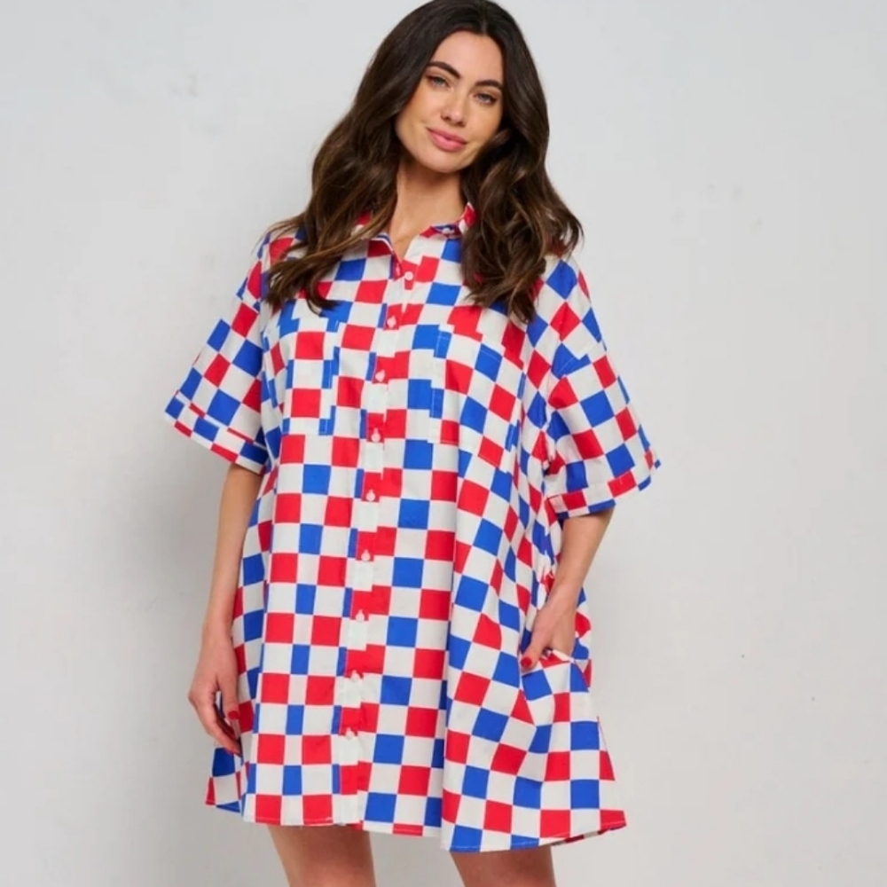 Fantastic Fawn Red, White & Blue Checkerboard Shirt Dress